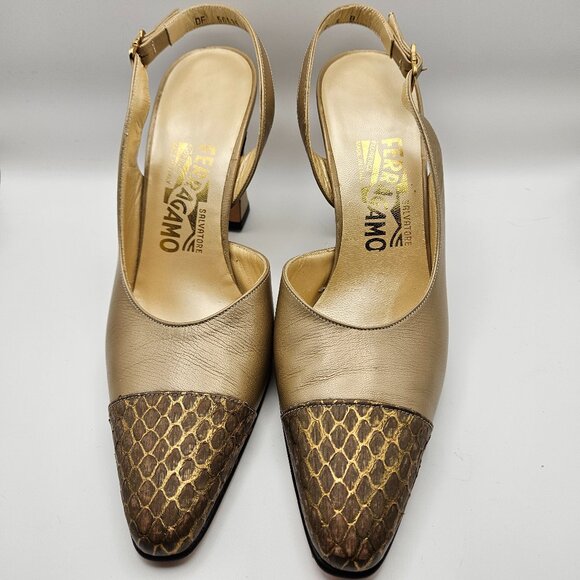 Salvatore Ferragamo Gold Leather Slingback Heels w/ Snakeskin Cap Toe – Size 8B - Picture 1 of 11